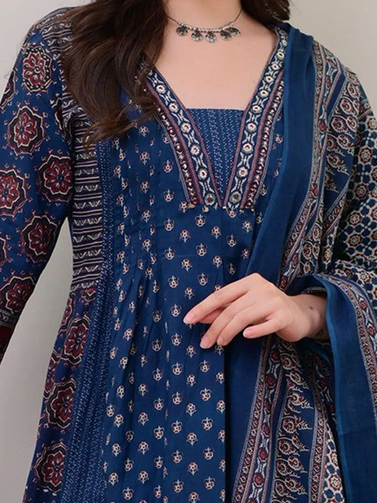 Floral Printed V Neck Anarkali Kurta With Trousers & Dupatta