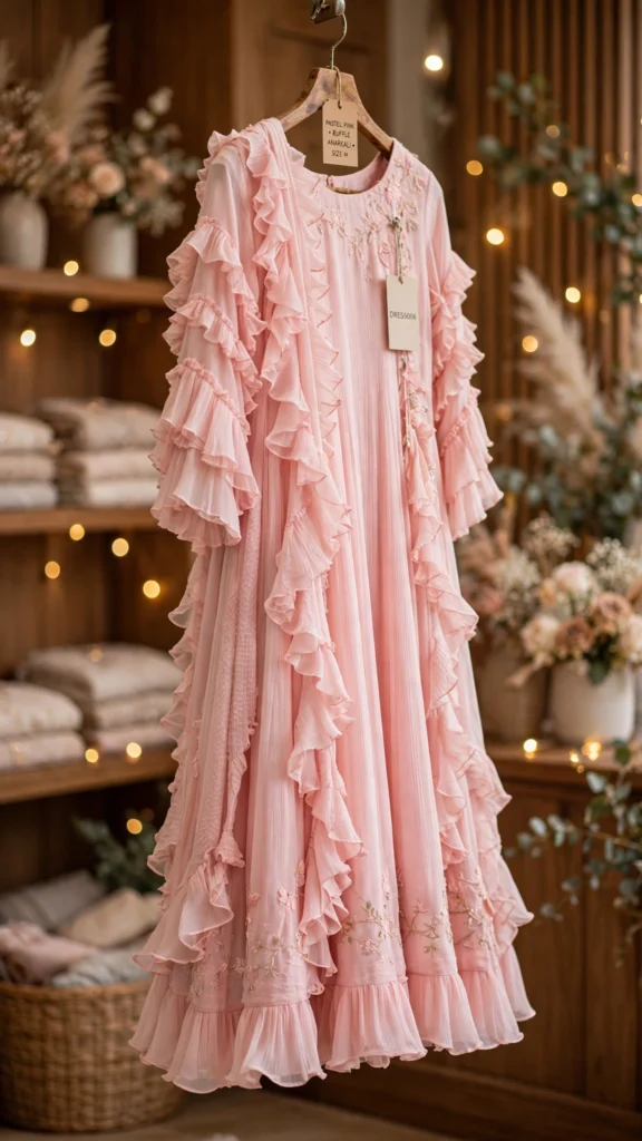 Pastel Ruffle-Detail Anarkali Gown – Available in Pastel Pink & Peach - Photo 1