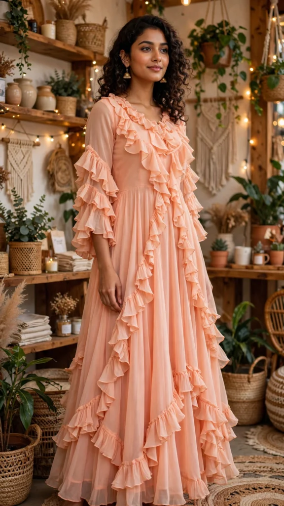 Pastel Ruffle-Detail Anarkali Gown – Available in Pastel Pink & Peach - Photo 2
