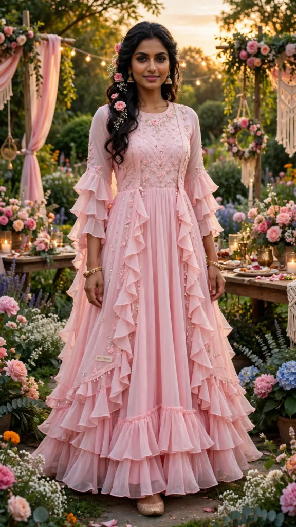 Pastel Ruffle-Detail Anarkali Gown – Available in Pastel Pink & Peach - Photo 3