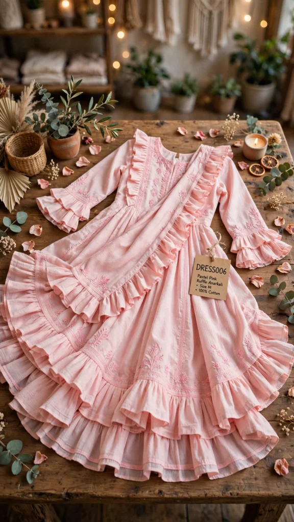 Pastel Ruffle-Detail Anarkali Gown – Available in Pastel Pink & Peach - Photo 4