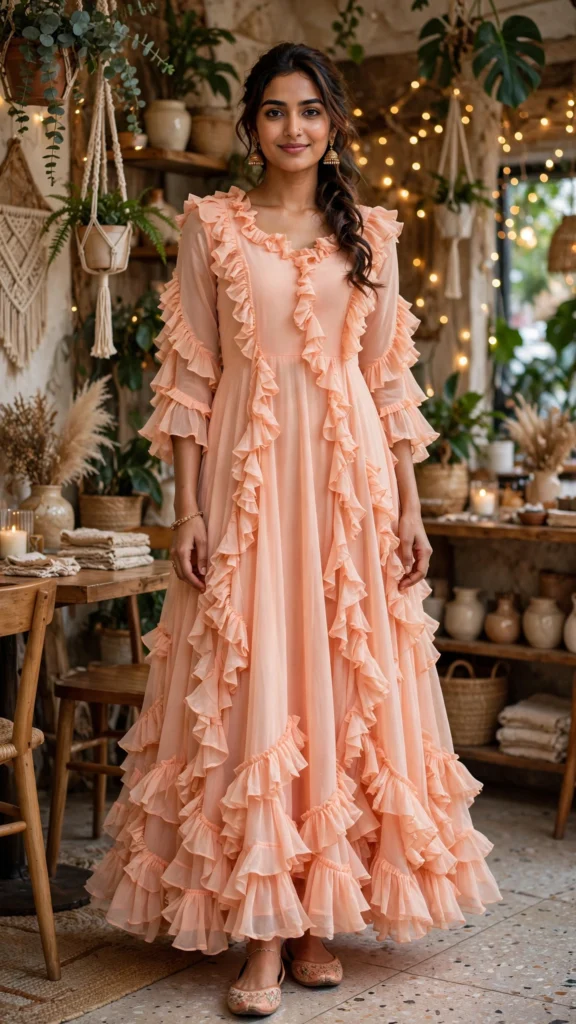 Peach Ruffle Dream Georgette Anarkali Gown - Photo 1