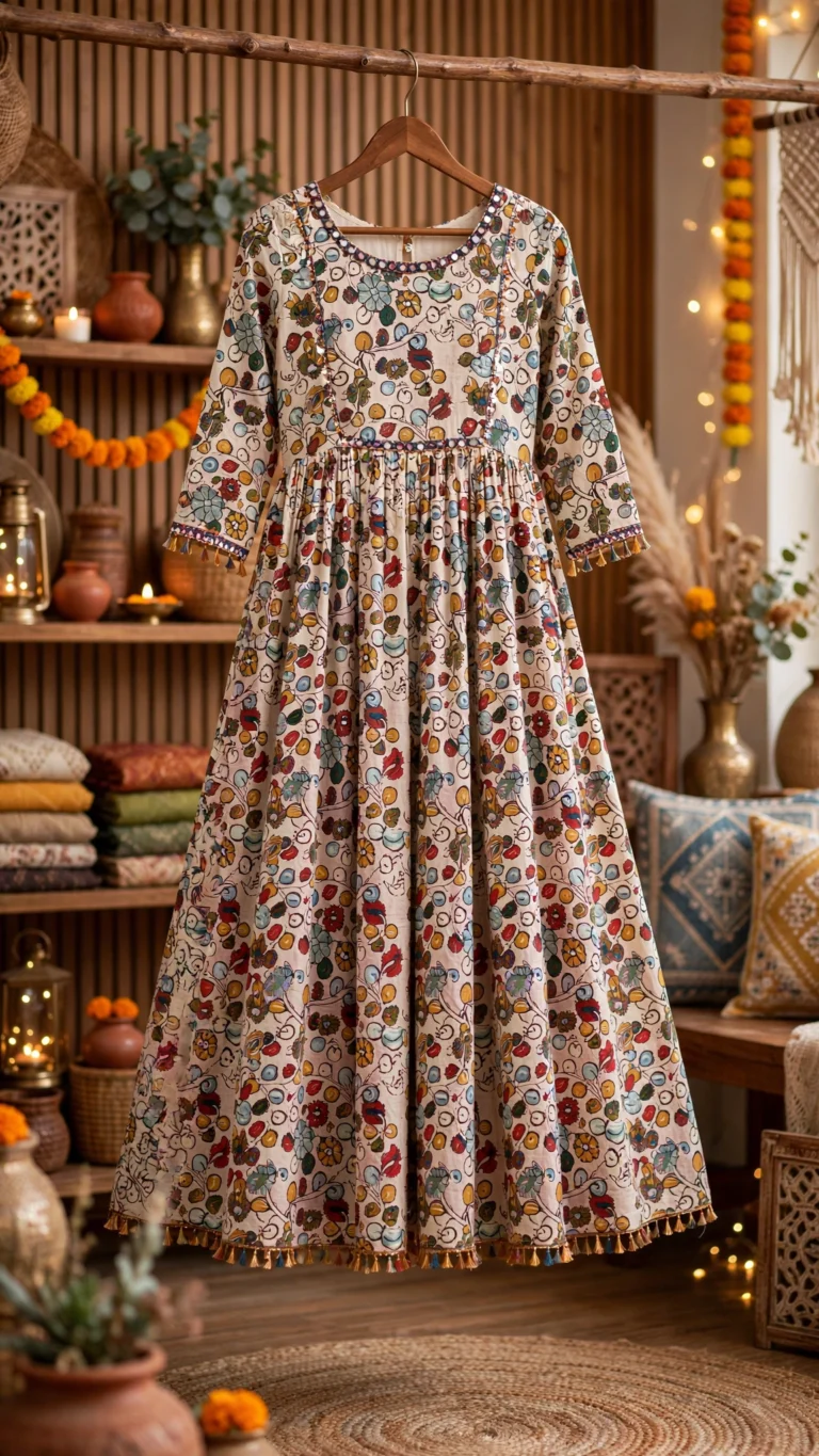 Artisanal Kalamkari Floral & Festive Motif Ethnic Kurta Set – Available in Cream with Bird Motif & Multi-Colour Folk Art Design