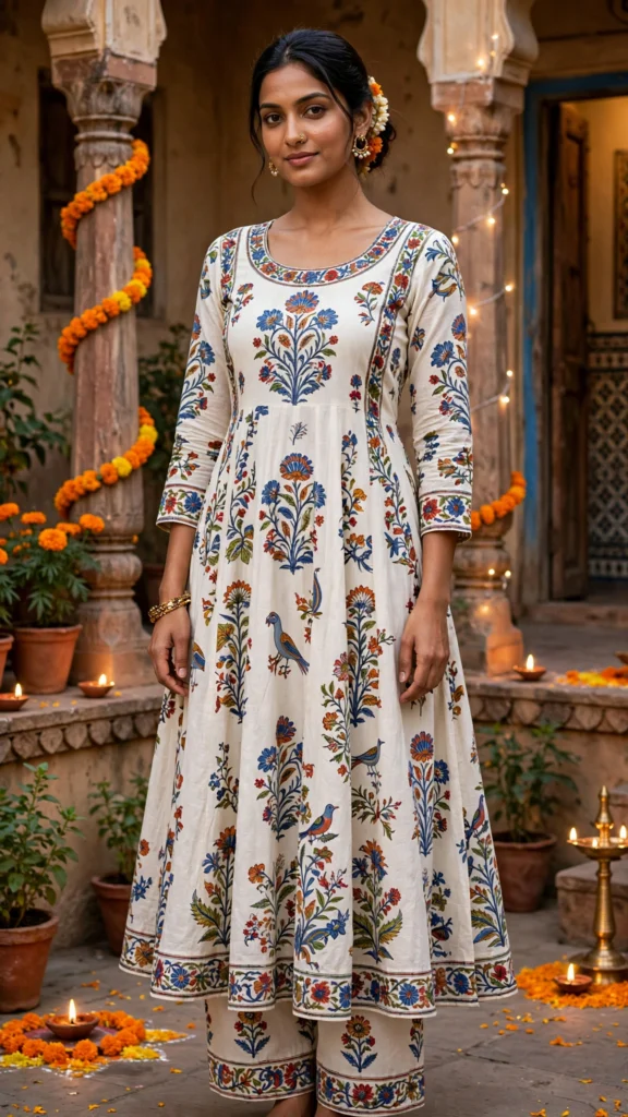 Artisanal Kalamkari Floral & Festive Motif Ethnic Kurta Set – Available in Cream with Bird Motif & Multi-Colour Folk Art Design - Photo 2