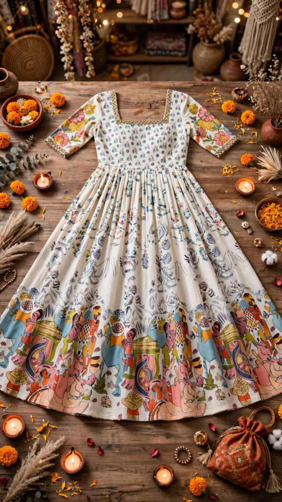 Artisanal Kalamkari Floral & Festive Motif Ethnic Kurta Set – Available in Cream with Bird Motif & Multi-Colour Folk Art Design - Photo 3