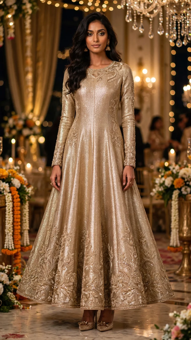 Luminous Champagne Embroidered Anarkali Ensemble with Sequin Detailing