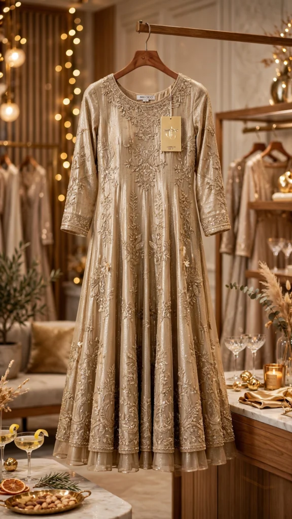 Luminous Champagne Embroidered Anarkali Ensemble with Sequin Detailing - Photo 2