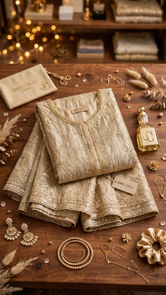 Luminous Champagne Embroidered Anarkali Ensemble with Sequin Detailing - Photo 3