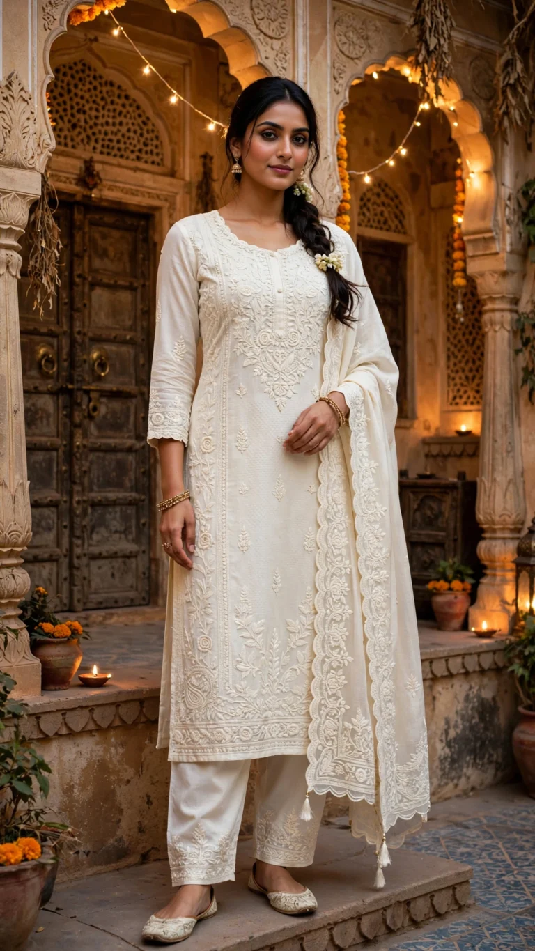 Ivory Hand-Embroidered Chikankari Kurta Set