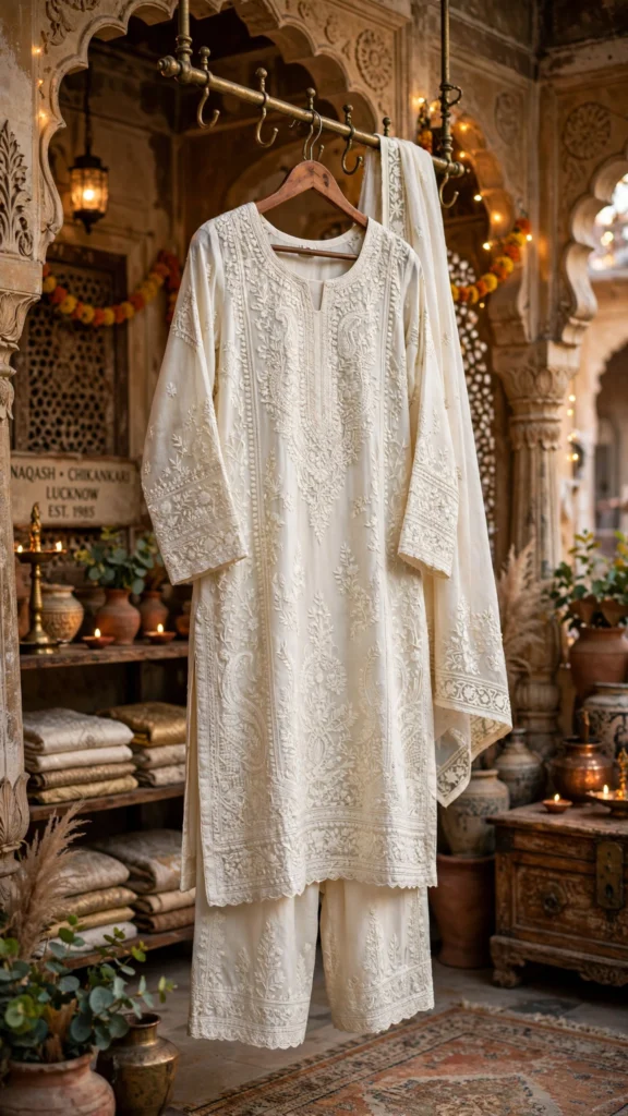 Ivory Hand-Embroidered Chikankari Kurta Set - Photo 2