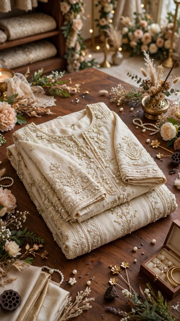 Ivory Hand-Embroidered Chikankari Kurta Set - Photo 3
