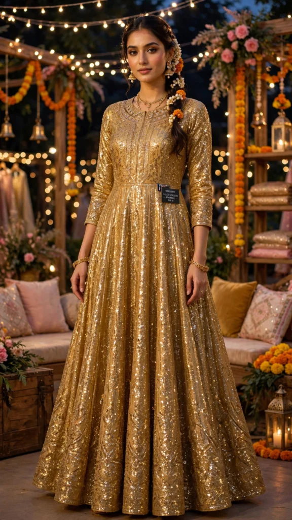 Luminous Golden Sequin Embroidered Anarkali Gown - Photo 1