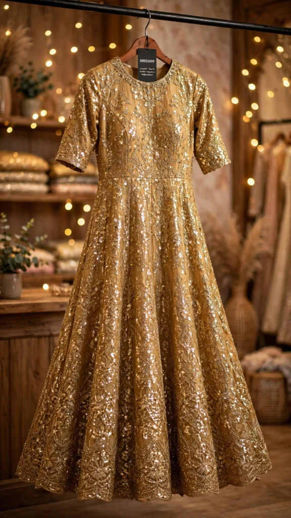 Luminous Golden Sequin Embroidered Anarkali Gown - Photo 2