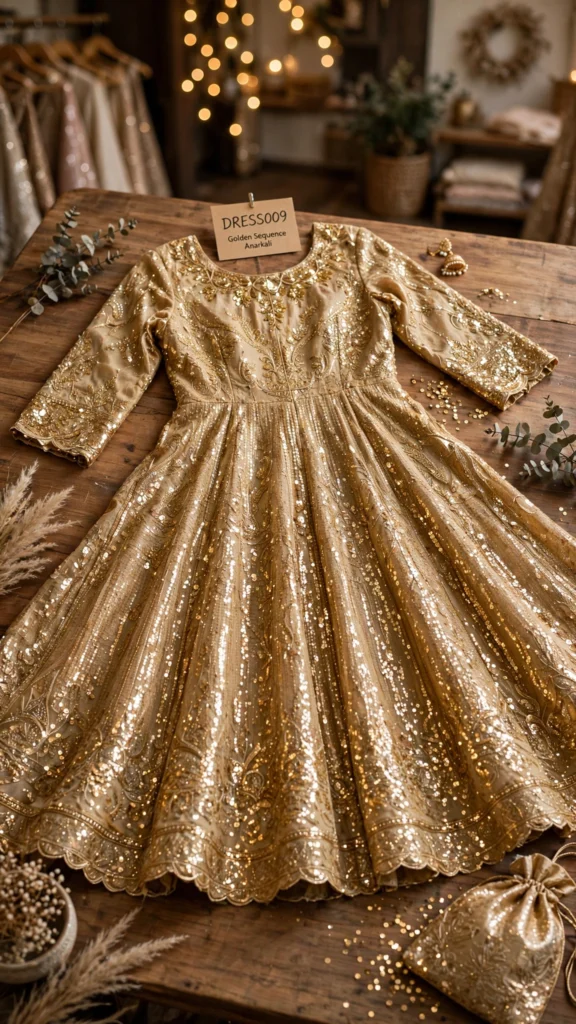 Luminous Golden Sequin Embroidered Anarkali Gown - Photo 3