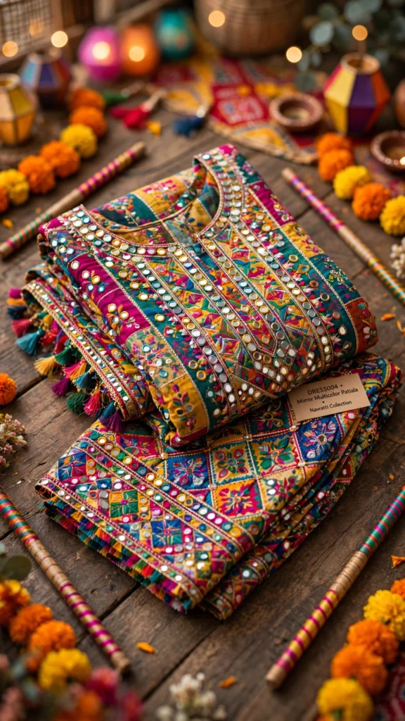 Navratri Festive Mirror-Work Patiala Set – Available in Multicolour Patchwork & Vibrant Pink Patchwork - Photo 2
