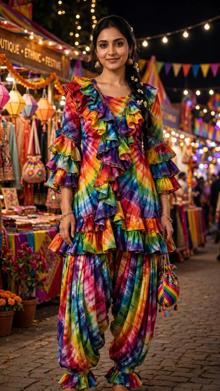 Vibrant Rainbow Tie-Dye Ruffle Patiala Suit Set