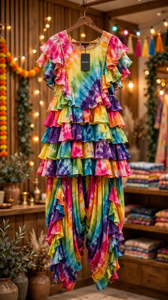 Vibrant Rainbow Tie-Dye Ruffle Patiala Suit Set - Photo 2