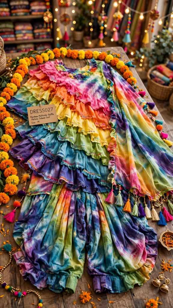 Vibrant Rainbow Tie-Dye Ruffle Patiala Suit Set - Photo 3