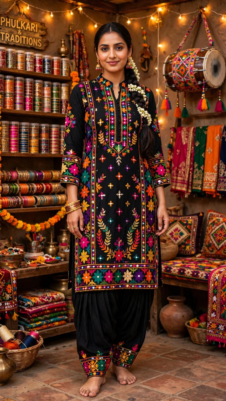 Midnight Bloom Embroidered Phulkari Patiala Suit Set