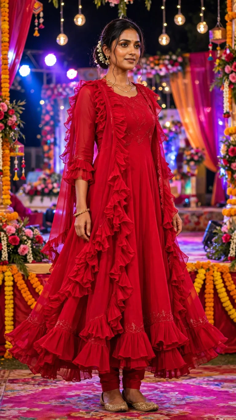 Scarlet Radiance Ruffled Organza Anarkali Set