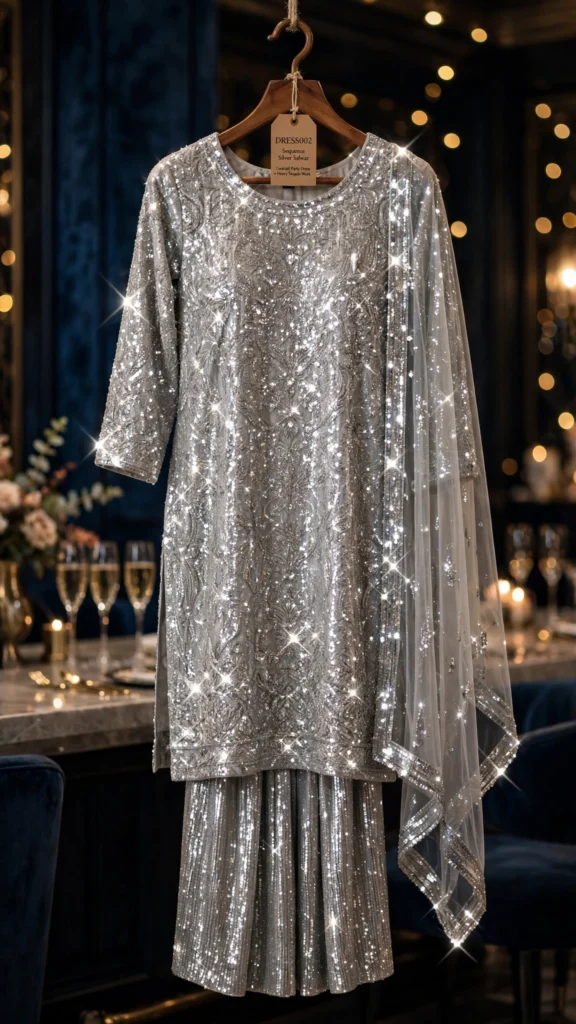 Celestial Shimmer Sequin Embellished Kurta Set – Silver Elegance - Photo 2