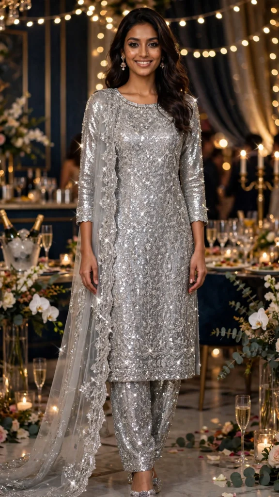 Celestial Shimmer Sequin Embellished Kurta Set – Silver Elegance - Photo 3