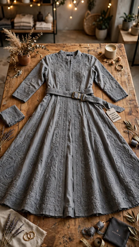 Heritage Grey Embroidered Belted Anarkali Set - Photo 3