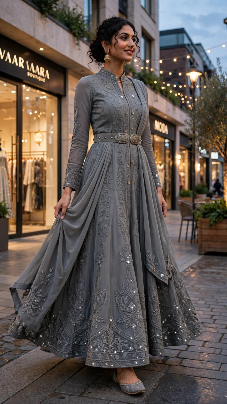 Heritage Grey Embroidered Belted Anarkali Set