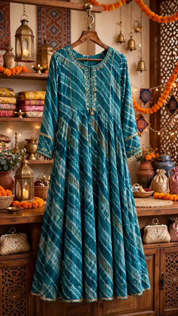 Teal Wave Bandhani Print Anarkali Suit Set – Classic Festive Elegance - Photo 2