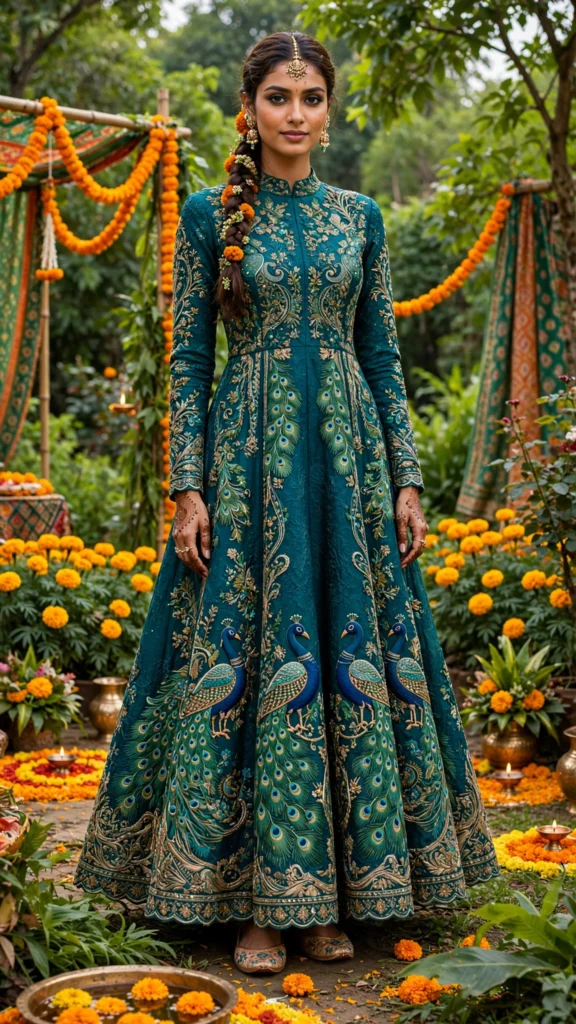 Peacock Motif Embroidered Royal Teal Silk Anarkali Suit Set - Photo 2