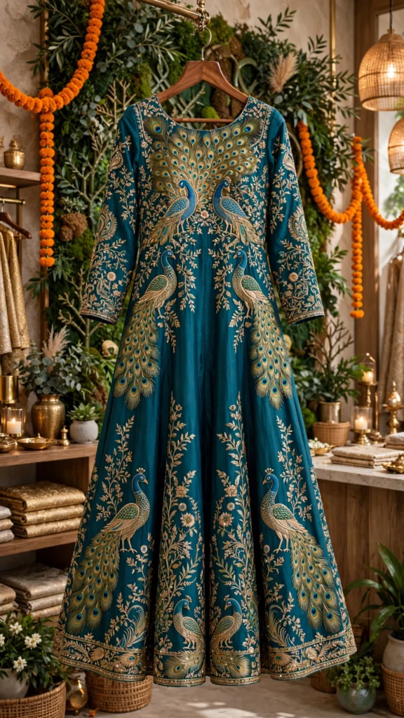 Peacock Motif Embroidered Royal Teal Silk Anarkali Suit Set - Photo 3