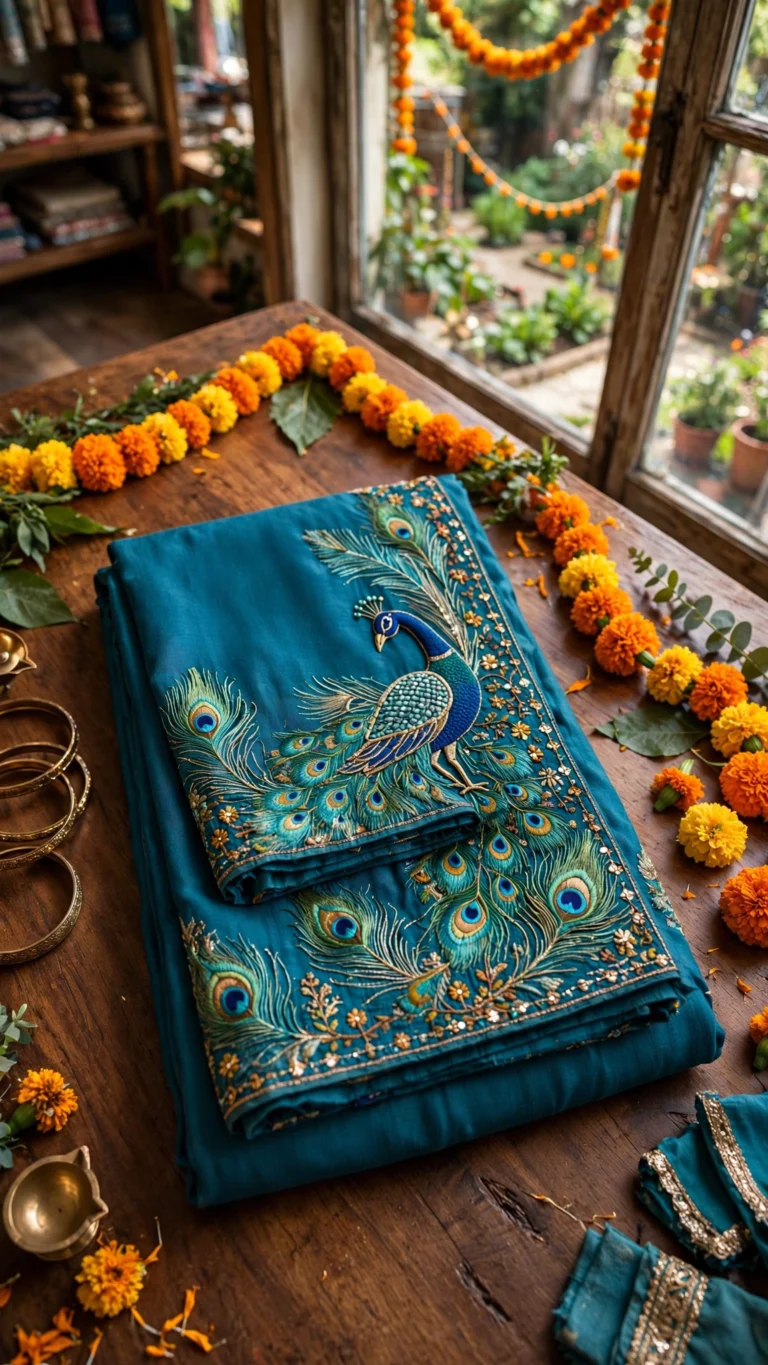 Peacock Motif Embroidered Royal Teal Silk Anarkali Suit Set