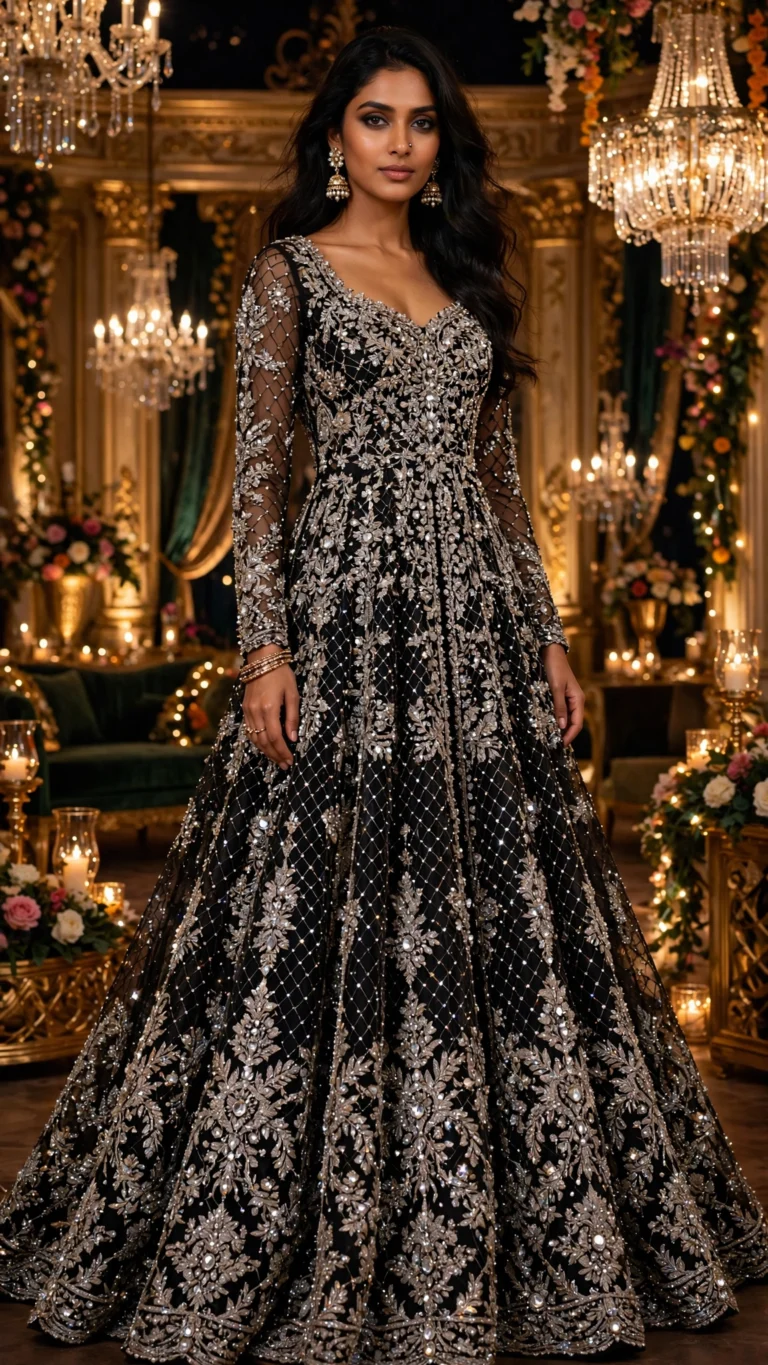 Midnight Radiance Embellished Net Anarkali Set – Black
