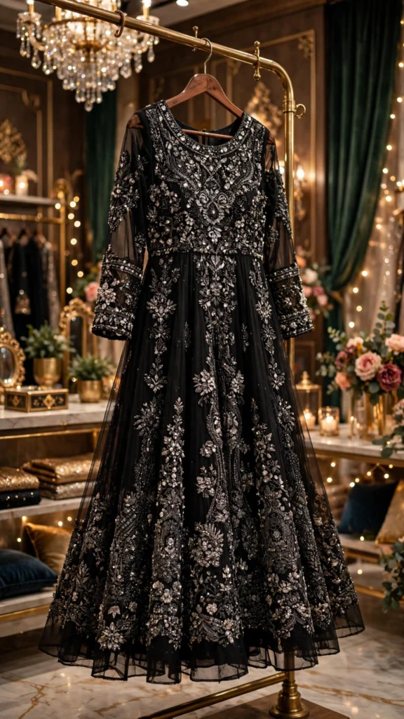 Midnight Radiance Embellished Net Anarkali Set – Black - Photo 2