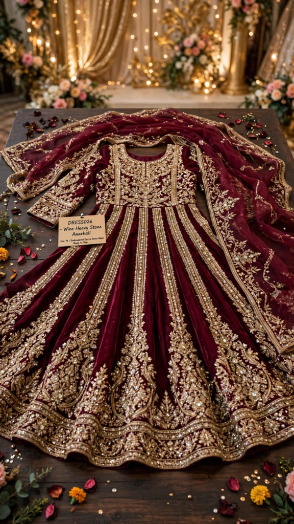 Royal Wine Velvet Anarkali Suit with Zari & Stone Embellishments - Photo 2