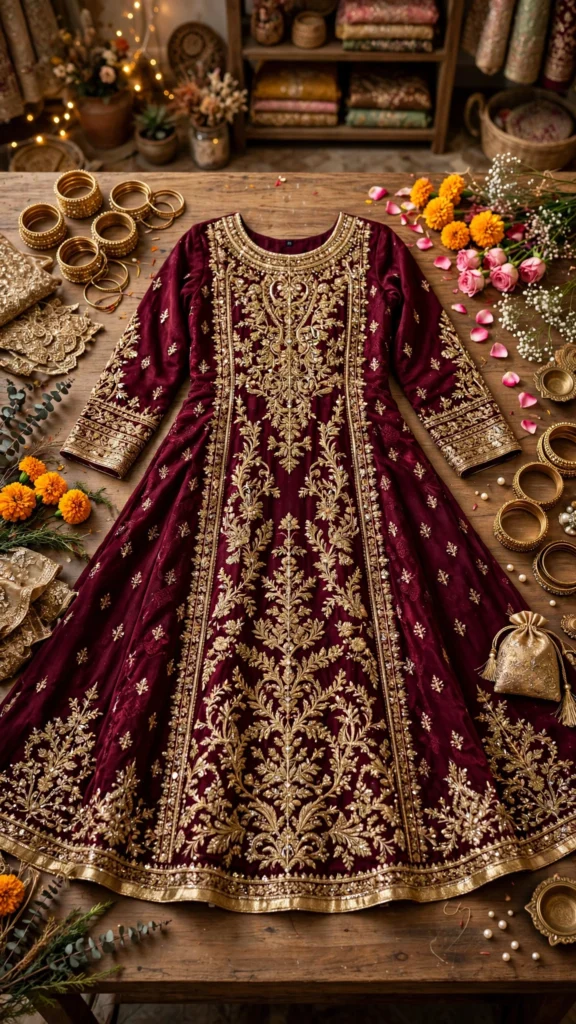 Royal Wine Velvet Anarkali Suit with Zari & Stone Embellishments - Photo 3