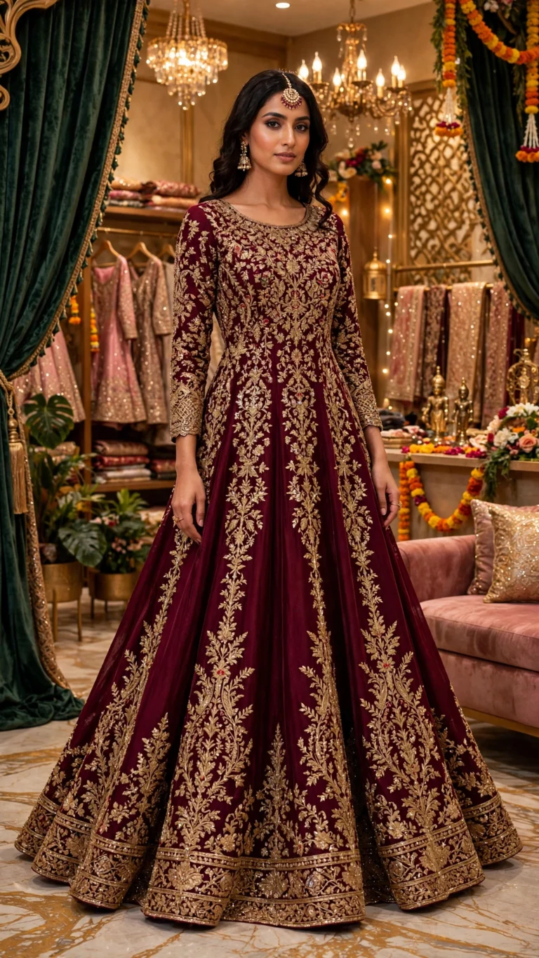 Royal Wine Velvet Anarkali Suit with Zari & Stone Embellishments