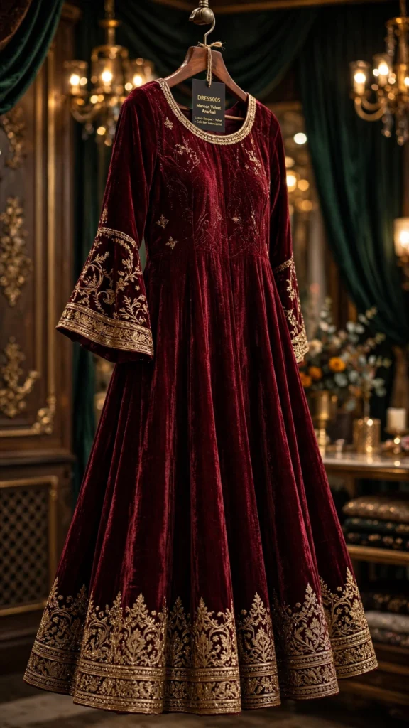 Maroon Velvet Embroidered Anarkali Ensemble – Luxury Banquet Edition - Photo 2