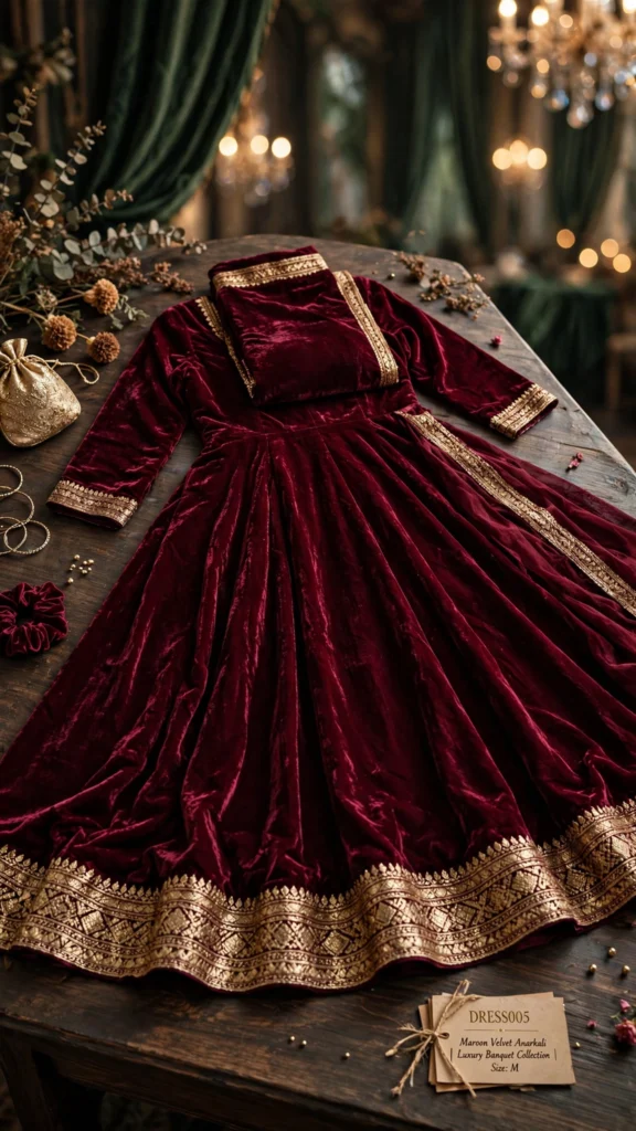 Maroon Velvet Embroidered Anarkali Ensemble – Luxury Banquet Edition - Photo 3