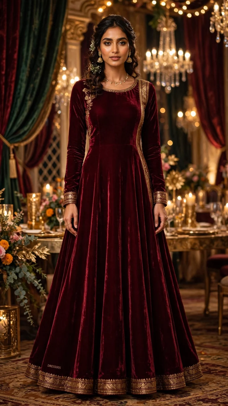 Maroon Velvet Embroidered Anarkali Ensemble – Luxury Banquet Edition