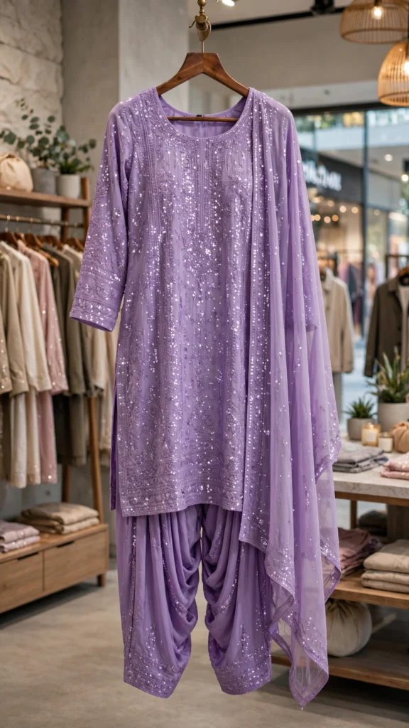 Lavender Sequined Hand-Embroidered Patiala Salwar Suit Set - Photo 2