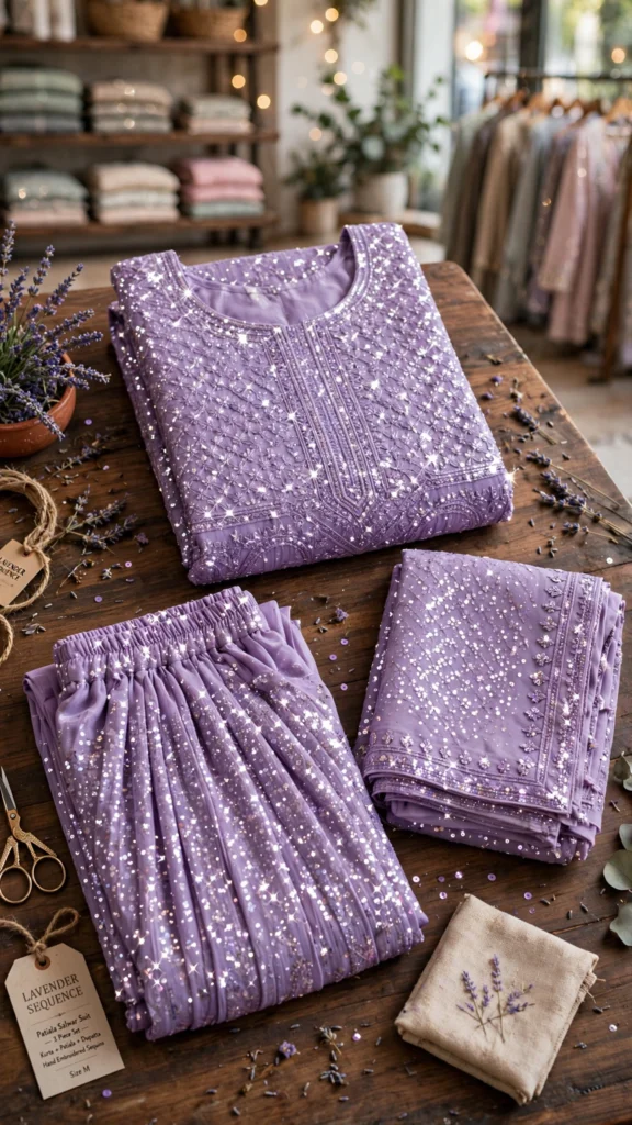 Lavender Sequined Hand-Embroidered Patiala Salwar Suit Set - Photo 3
