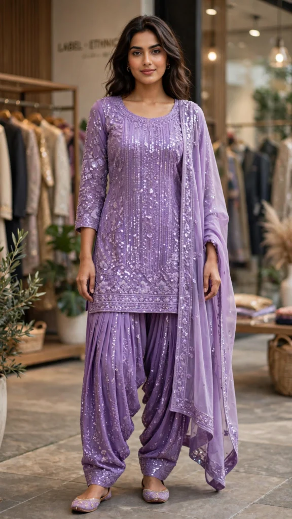 Lavender Sequined Hand-Embroidered Patiala Salwar Suit Set - Photo 1
