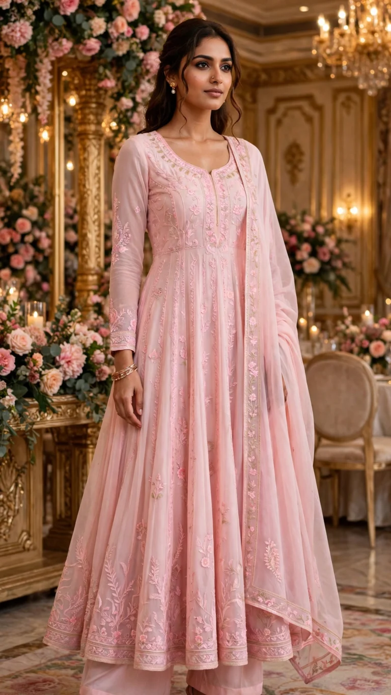 Blush Pink Embroidered A-Line Ethnic Kurta Set with Dupatta
