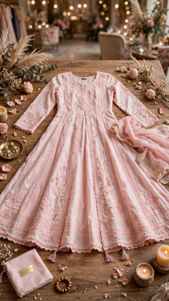 Blush Pink Embroidered A-Line Ethnic Kurta Set with Dupatta - Photo 2