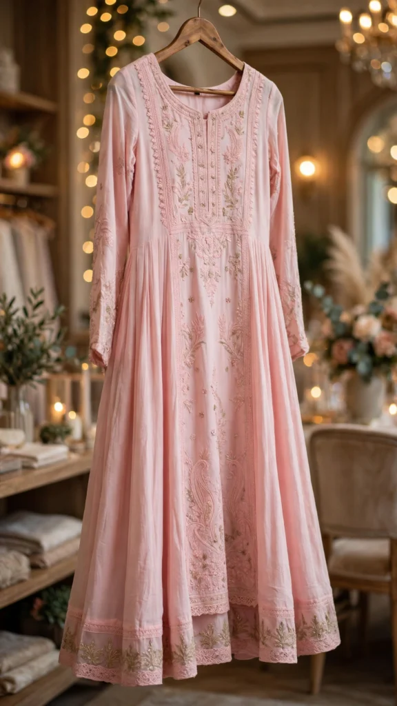Blush Pink Embroidered A-Line Ethnic Kurta Set with Dupatta - Photo 3