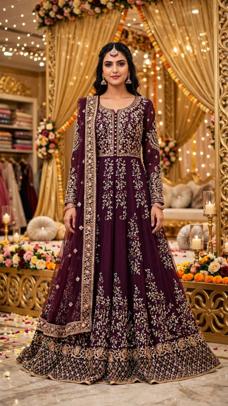 Regal Zardosi Velvet Anarkali Set – Available in Midnight Burgundy & Deep Plum