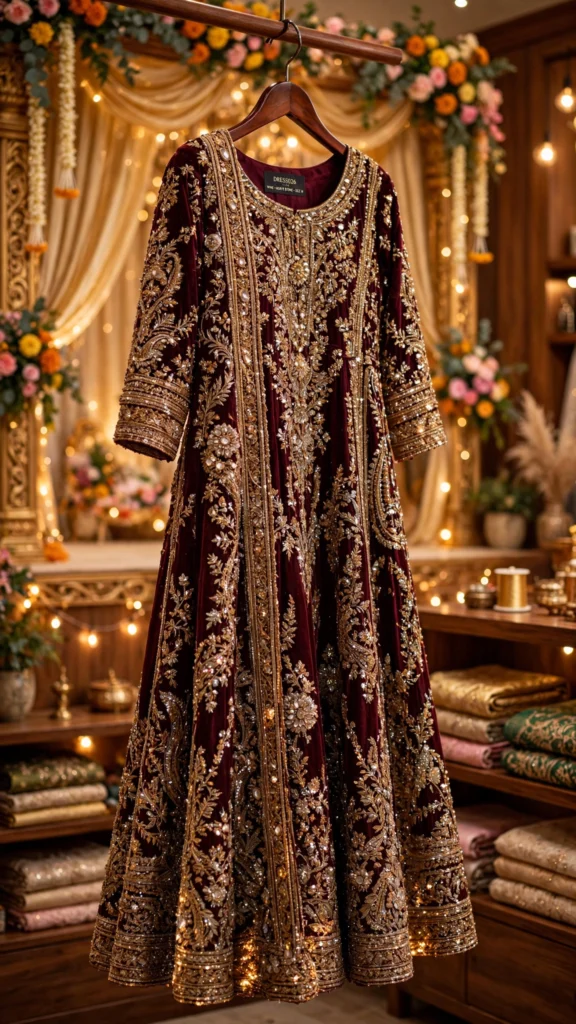Regal Zardosi Velvet Anarkali Set – Available in Midnight Burgundy & Deep Plum - Photo 2