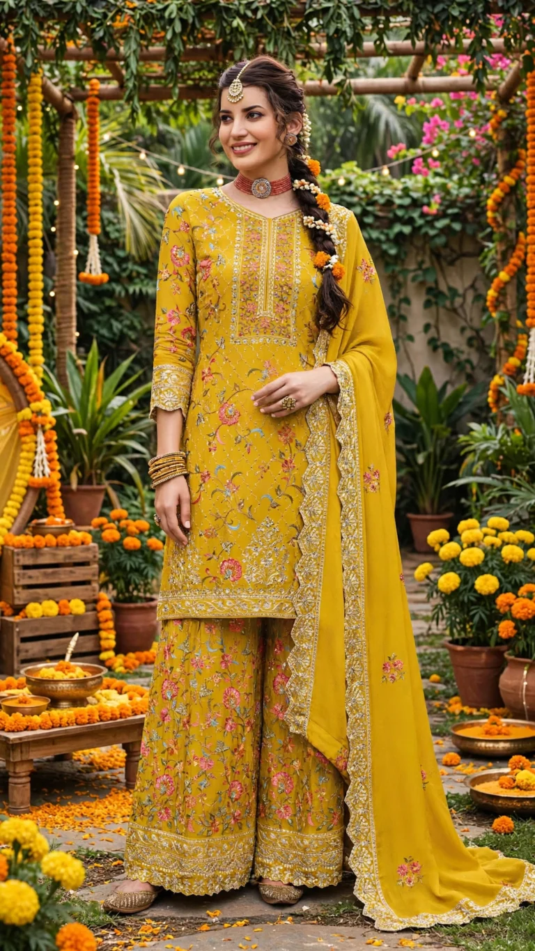 Sun-Kissed Mustard Floral Embroidered Haldi Sharara Set