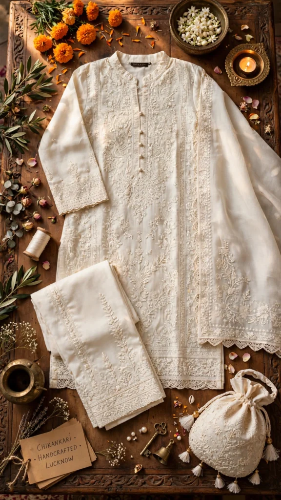 Ethereal Ivory Handcrafted Chikankari Suit Set – Available in Cream & Off-White - Photo 2